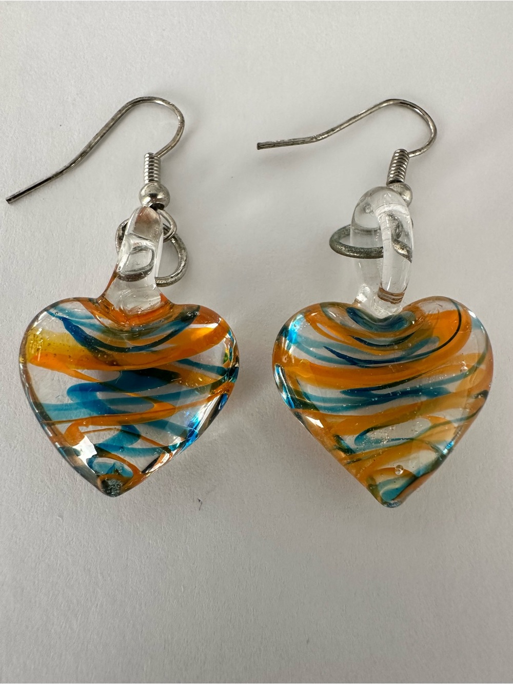 Striped Glass Heart Drop Earrings in Orange & Teal
